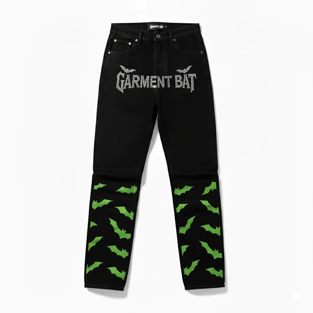 Garment Bat Full of Bats Rhinestone Jeans – Gothic Streetwear Denim | Garment Bat Garment Bat Clothing Brand
